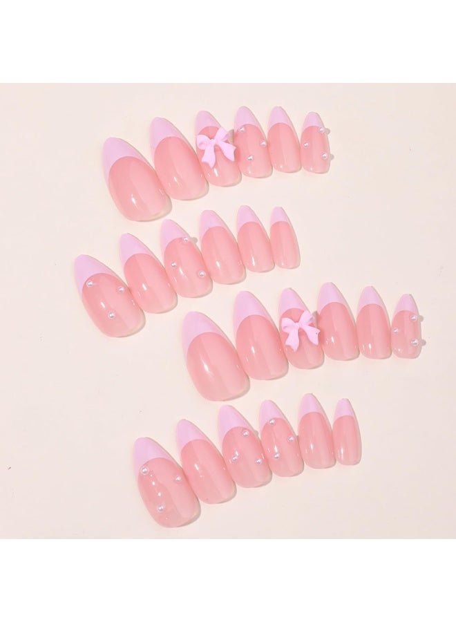 Joudi 24 Pcs Pink French Tip Press on Nails Short Fake Nails Almond Shape False Nails Reusable Acrylic Nails Press ons Cute Pearl Bow Nails Design Handmade Nails Full Cover Glue-Free on Nails for Women - Image 4